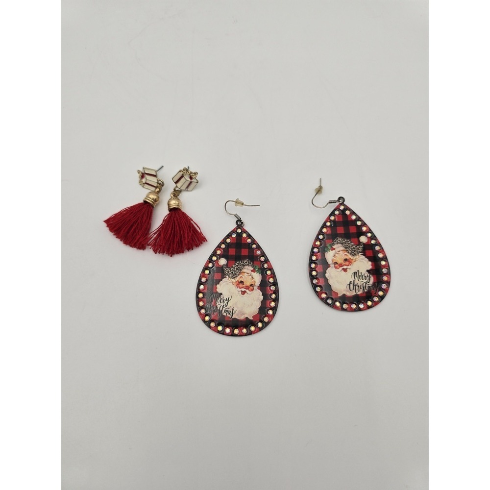 Lot Of 2 Kitschy Statement Christmas Earrings Metal Santa Tassel Dangle Red